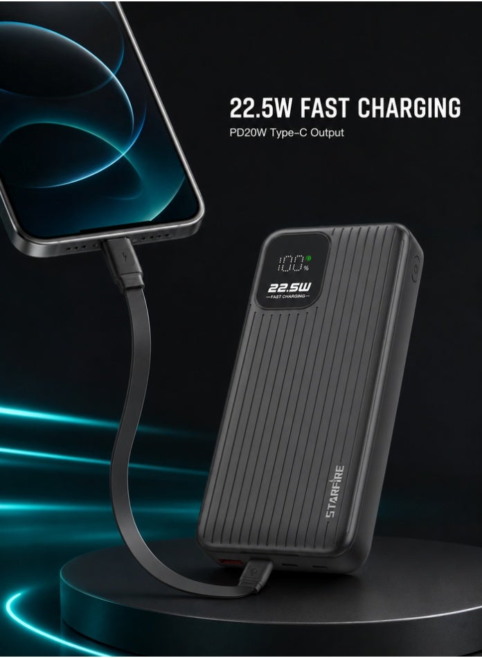 Starfire 20000mAh Power Bank, 22.5W Fast Charging, Built-In Lightning & Type-C Cables, LED Digital Display, Dual USB-A + USB-C Ports, Portable Charger for iPhone, Samsung & Android (Black) - Image 3