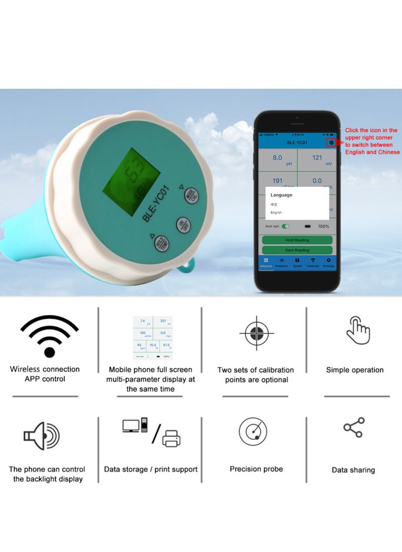 Generic - 6 in 1 Residual Chlorine Monitor PH/ORP/EC/TDS Water Testing, Backlit LCD Display, Smart Equipment for Home Swimming Pools, Accurate and Easy to Use Water Monitor - Image 1