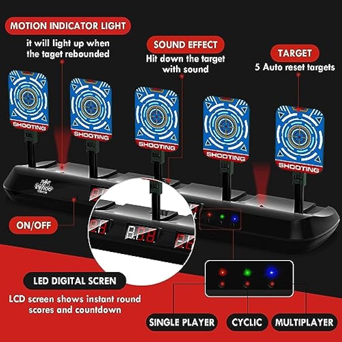 TARGET FOR NERF, ELECTRONIC NERF TARGET WITH 5 TARGETS 3 MODES, ELECTRONIC SHOOTING TARGET GAME WITH LIGHT AND SOUND EFFECT (BLUE WITH A GUN) - Image 3