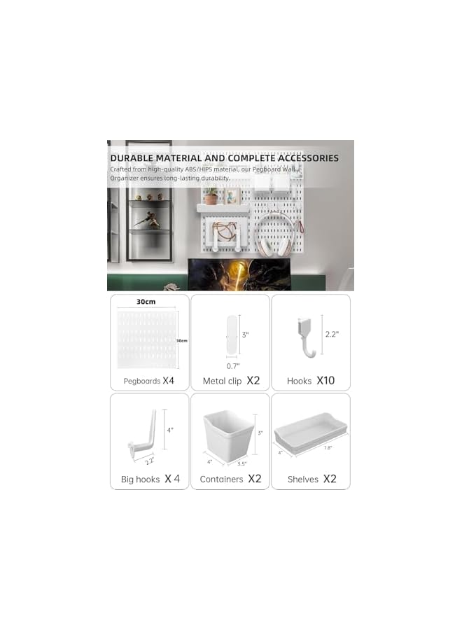 PROMASS promass Pegboard Combination Wall Organizer Kit, 4 Pieces Peg Board and 20 Accessories Modular Hanging, Wall Mount Display Pegboard Panel Kits, Peg Board Organizer for Home Office (White 30 * 30cm)  - Image 2