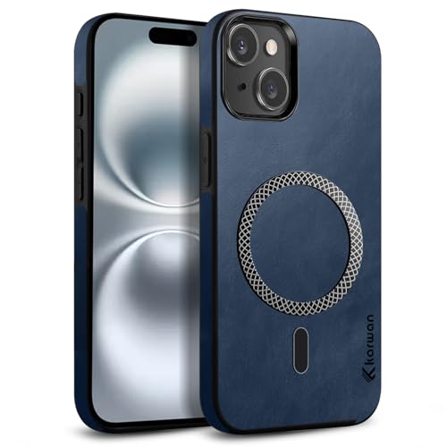 KARWAN Shockproof Hybrid Leather Finish Back Case Cover Compatible with iPhone 15 with Wireless MagEaze Charging Cover, Anti-Scratch Shield Case with Strong Minimalist Design (Blue) - Image 1