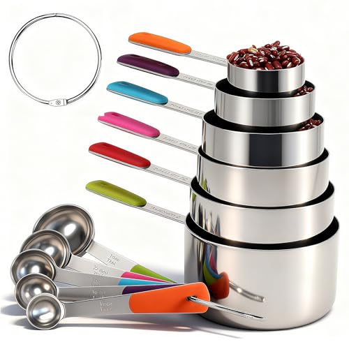 Bopei Measuring Cups and Spoons Set Stainless Steel 11 Piece for Cooking and Baking (6 Cups + 5 Spoons, Colorful Handles) - Image 1
