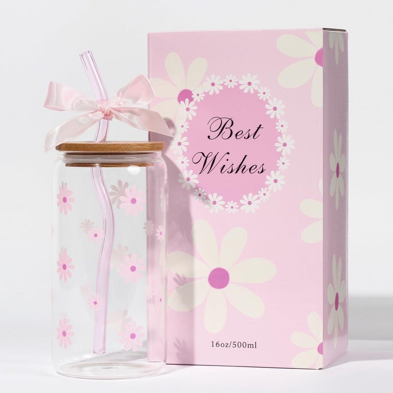 KMCCUMBER Cute Glass Cups with Lids and Straws, Teen Girl Birthday Gifts Daisy Iced Coffee Cup, Pink Aesthetic Mug Tumbler for Mothers Day Christmas Valentines Coffee Lover 16oz - Image 1