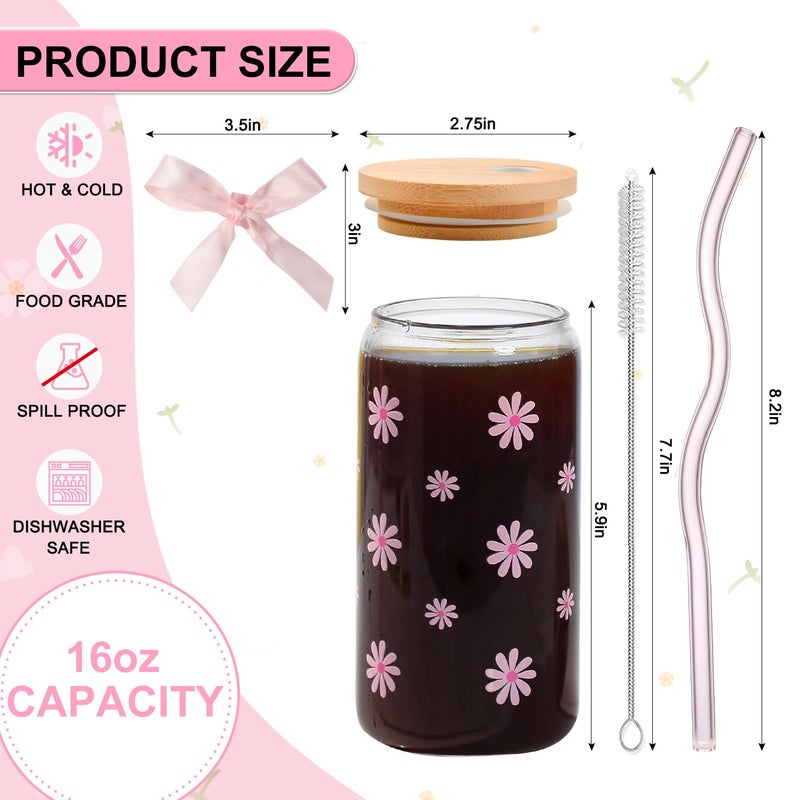 KMCCUMBER Cute Glass Cups with Lids and Straws, Teen Girl Birthday Gifts Daisy Iced Coffee Cup, Pink Aesthetic Mug Tumbler for Mothers Day Christmas Valentines Coffee Lover 16oz - Image 4