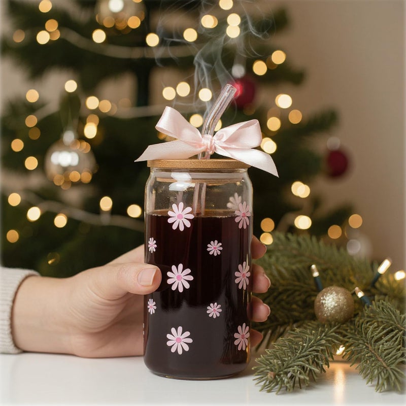 KMCCUMBER Cute Glass Cups with Lids and Straws, Teen Girl Birthday Gifts Daisy Iced Coffee Cup, Pink Aesthetic Mug Tumbler for Mothers Day Christmas Valentines Coffee Lover 16oz - Image 3