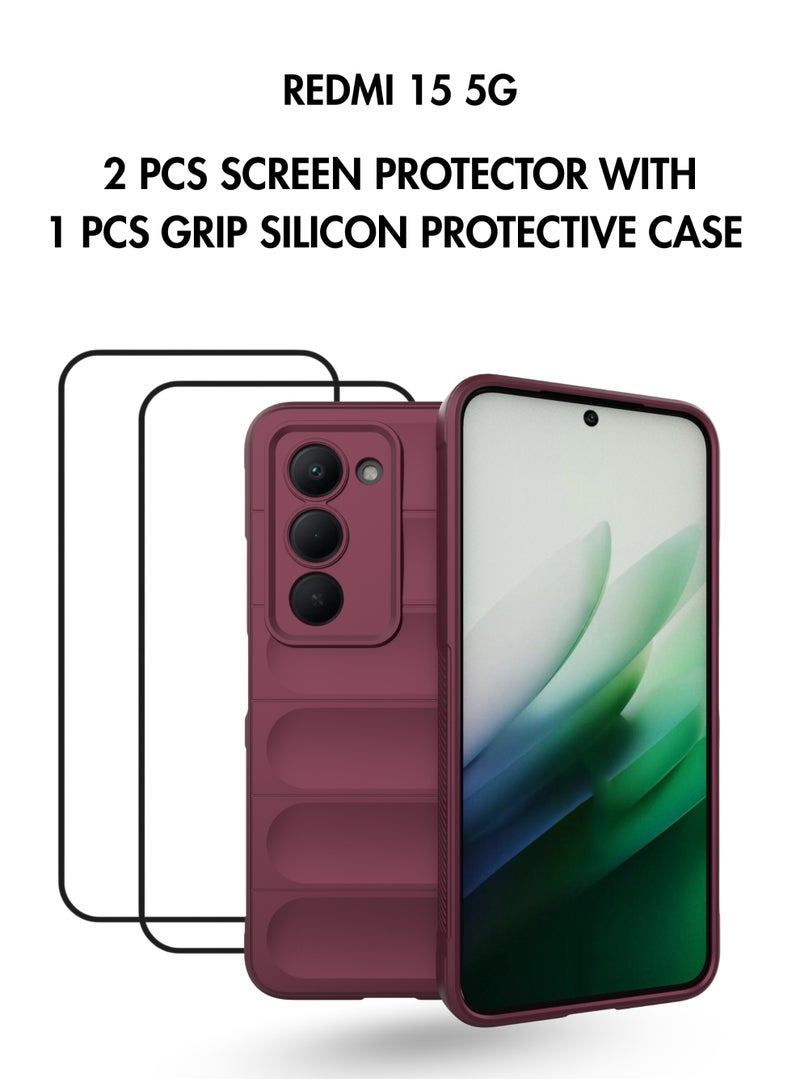 REDMI 15 5G 3 in 1 Set : 2 Pieces Screen Protector with Gripped Silicone Protective Case Mount for Phone - (Mountain Purple) - Image 1