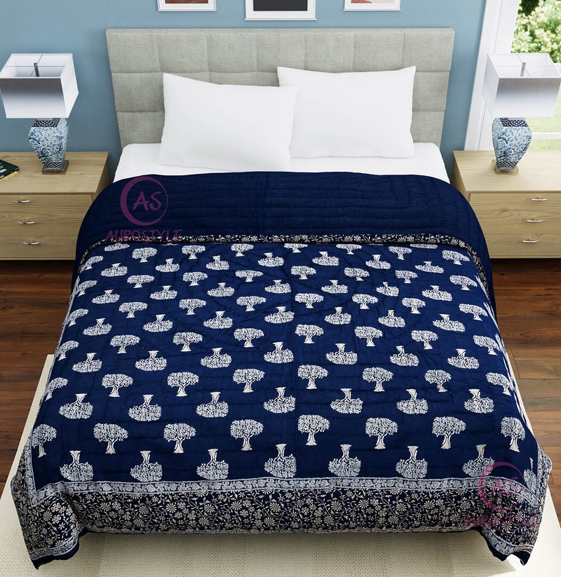 AUROSTYLE 400 TC Light Weight Pure Cotton Jaipuri Traditional Floral Design with Gold Print Double Bed Jaipuri Quilt/Razai/Rajai (Blue 2, Double Bed (90 x 105 Inch, breathable)| TC - 400 - Image 5