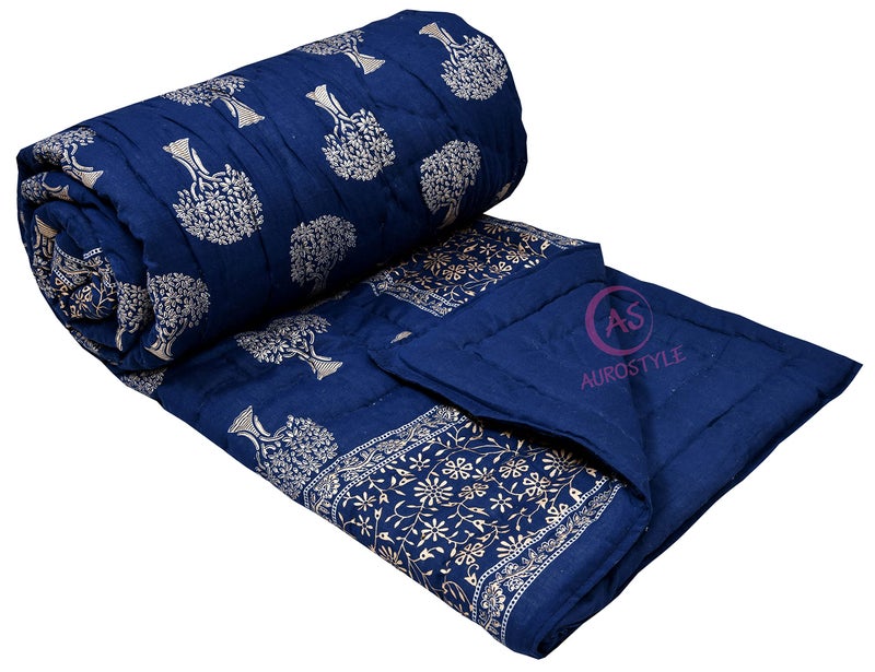 AUROSTYLE 400 TC Light Weight Pure Cotton Jaipuri Traditional Floral Design with Gold Print Double Bed Jaipuri Quilt/Razai/Rajai (Blue 2, Double Bed (90 x 105 Inch, breathable)| TC - 400 - Image 2