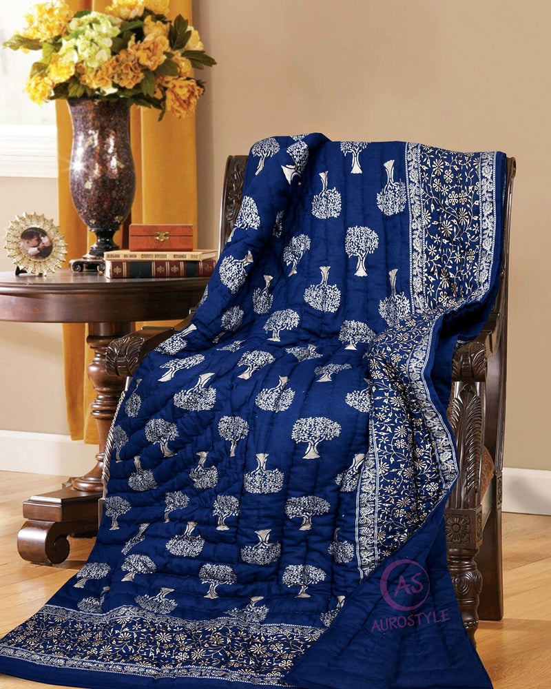 AUROSTYLE 400 TC Light Weight Pure Cotton Jaipuri Traditional Floral Design with Gold Print Double Bed Jaipuri Quilt/Razai/Rajai (Blue 2, Double Bed (90 x 105 Inch, breathable)| TC - 400 - Image 3