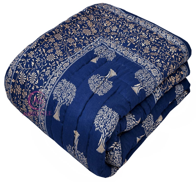 AUROSTYLE 400 TC Light Weight Pure Cotton Jaipuri Traditional Floral Design with Gold Print Double Bed Jaipuri Quilt/Razai/Rajai (Blue 2, Double Bed (90 x 105 Inch, breathable)| TC - 400 - Image 1