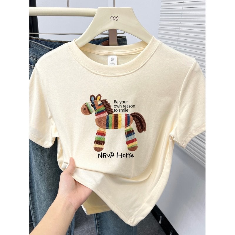 Fat mm front shoulder plus size short-sleeved t-shirt women's new Korean design sense pony print trendy round neck slimming top - Image 2