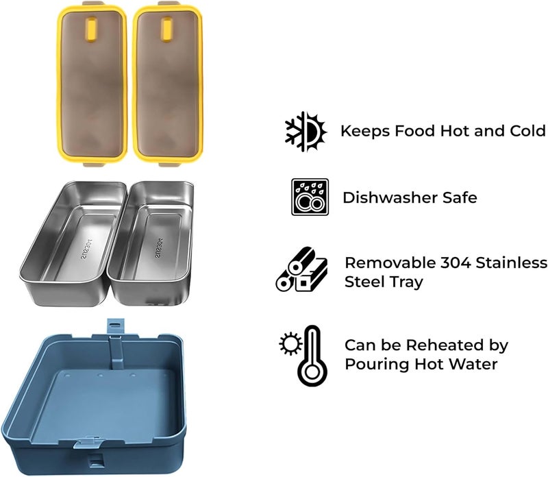 BrainGiggles 2 Compartments Stainless Steel Lunch Box with Removable Inner Tray - Insulated, Leak Proof Bento Box for Kids, Adults - Multifunctional Air Tight Food Container (With Handle, Blue) - Image 3