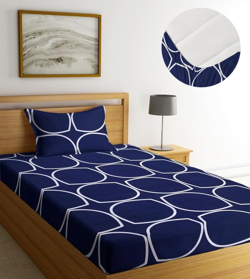 Blue Strip 220TC Glace Cotton Elastic Fitted Bedsheets Single Bed with 1 Pillow Cover | Single Bed with All Around Elastic, Size 42 X 75 Inches (Blue Circle) - Image 1