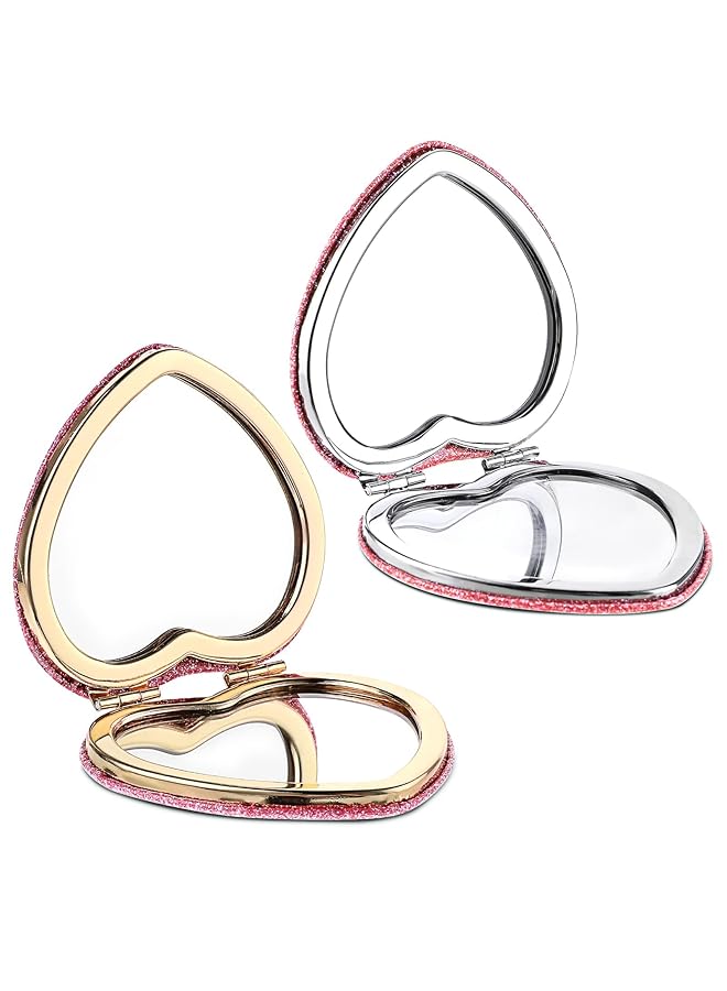 erorex 2Pcs Compact Folding Mirror Heart Shaped Portable Travel Magnifying Makeup Mirror For Purse Mini Vanity Cosmetic Mirror Double Sided Cute Glitter Mirror - Image 1