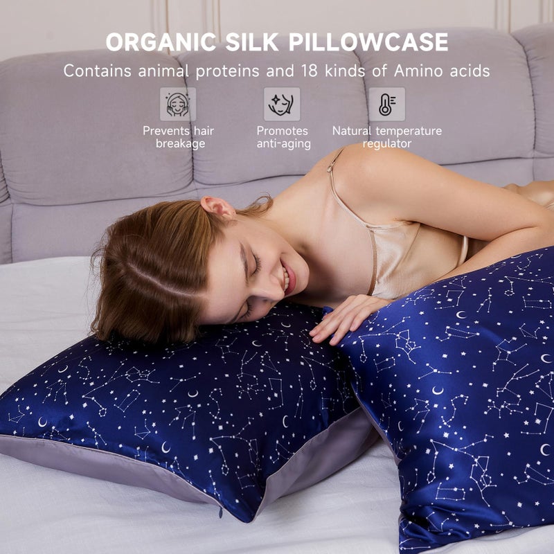 THXSILK Mulberry Silk Pillowcase for Hair and Skin Health, Mulberry Silk Pillowcase with Hidden Zipper, Breathable and Natural, Sleep Pillow Case(Standard 20"x26", Navy Blue Constellation Pattern) - Image 3