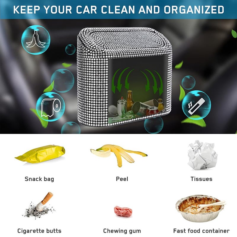 JNNJ Car Mini Rubbish Bin with Lid - Bling Rhinestone Leak-Proof Portable Rubbish Bin - Image 4