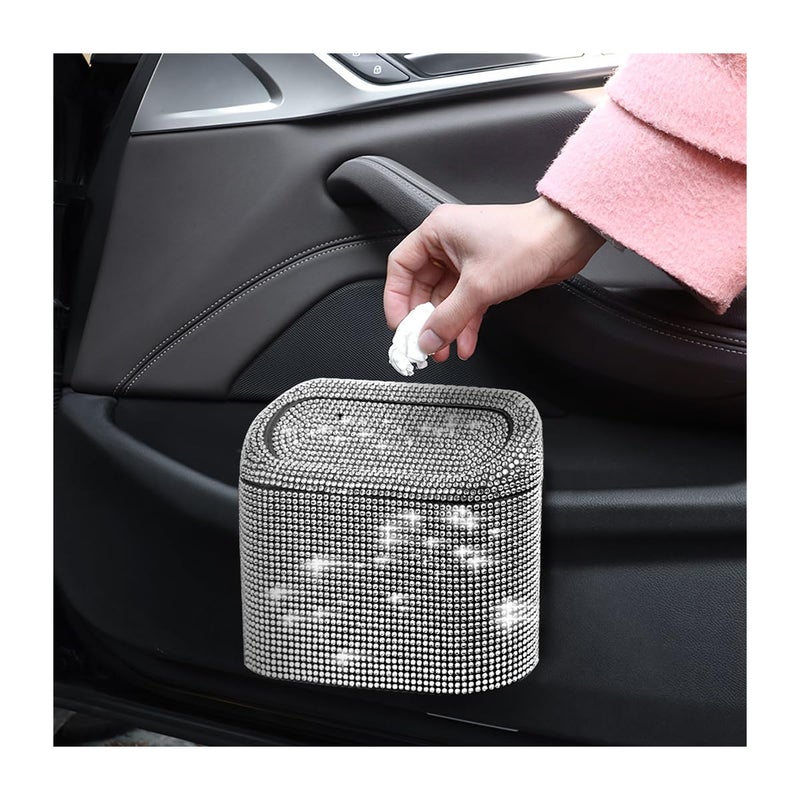 JNNJ Car Mini Rubbish Bin with Lid - Bling Rhinestone Leak-Proof Portable Rubbish Bin - Image 1