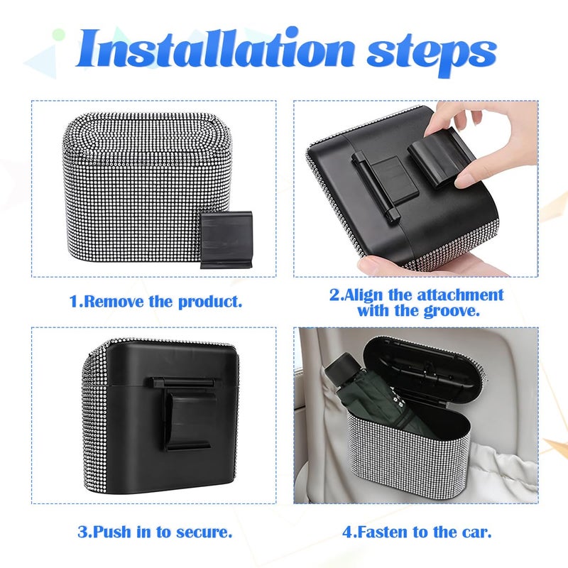 JNNJ Car Mini Rubbish Bin with Lid - Bling Rhinestone Leak-Proof Portable Rubbish Bin - Image 3
