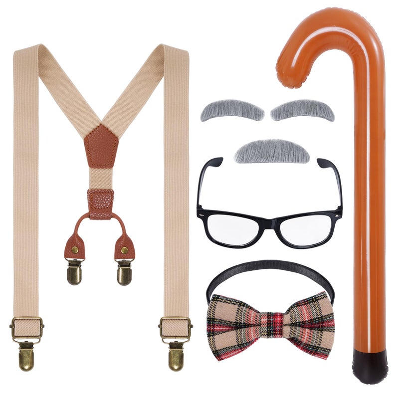 mifengda 6pcs Kids Old Man Costume 100 Day of School Grandpa Costume for Boys 1920s Old Man Outfit Halloween Costume Dress Up Set Including Bow Tie Cane Beard Eyebrow Suspenders Glasses for Kids Boy Halloween - Image 3