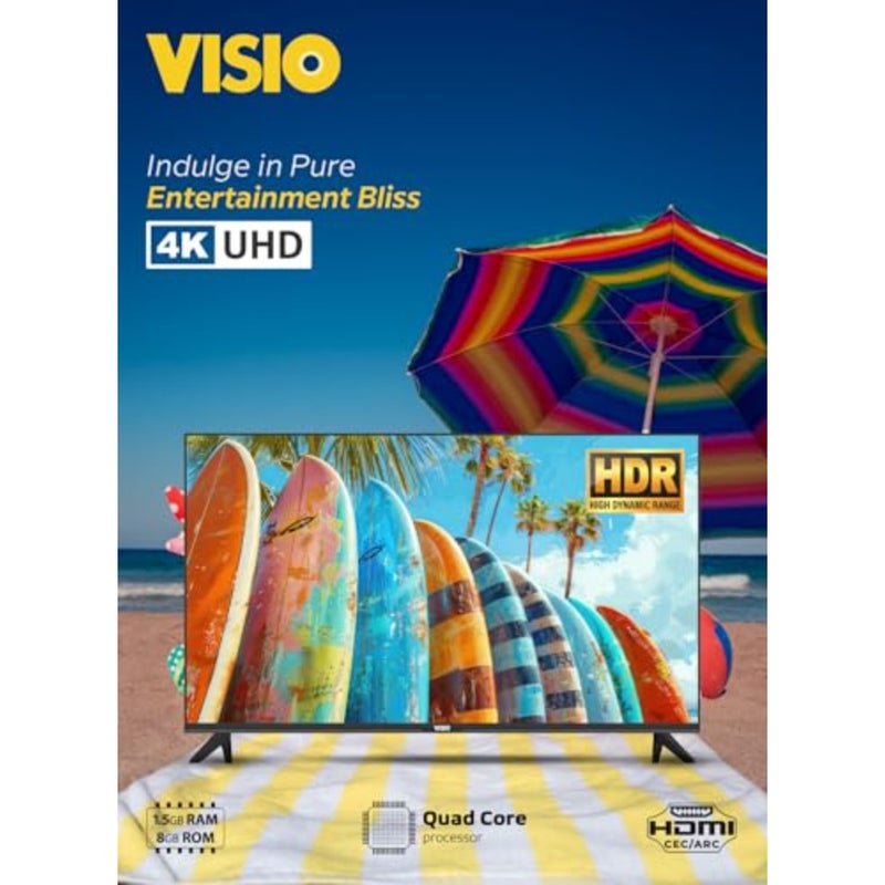 تلفزيون ذكي بدقة 4K UHD في غرفة المعيشة، وتصميم معدني أسود بدون إطار، وشاشة HDR Android 14 مع جهاز استقبال قمر صناعي مدمج، وWi-Fi وE-Share casting، ويتضمن حاملًا على الحائط - Image 2