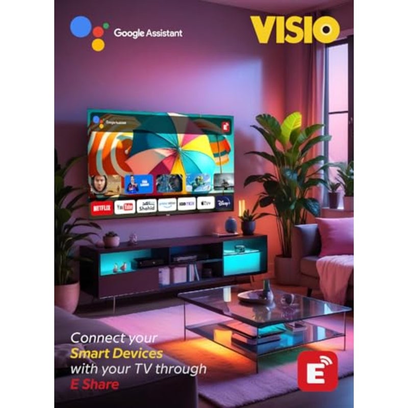 تلفزيون ذكي بدقة 4K UHD في غرفة المعيشة، وتصميم معدني أسود بدون إطار، وشاشة HDR Android 14 مع جهاز استقبال قمر صناعي مدمج، وWi-Fi وE-Share casting، ويتضمن حاملًا على الحائط - Image 4