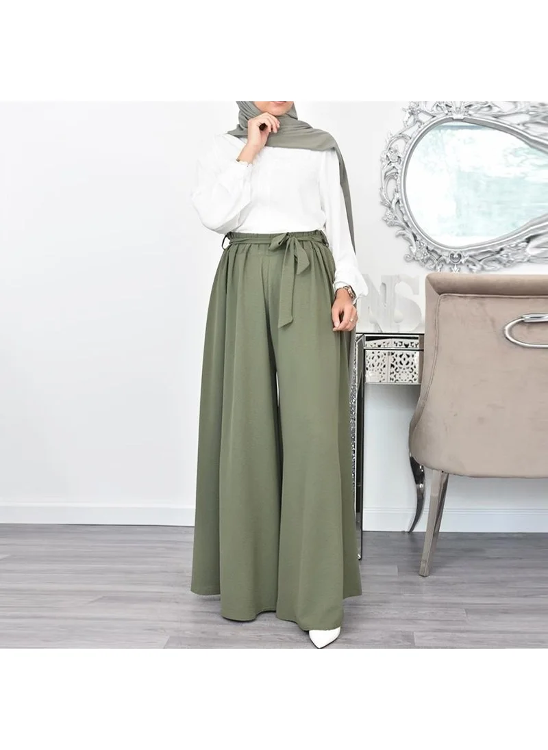 Barbora Linen Summer Casual Belted Women's Trousers Shalwar LN345HAKI7