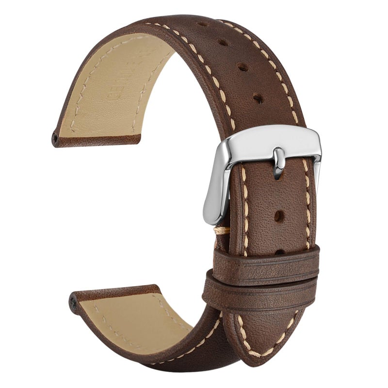 WOCCI 23mm Vintage Leather Watch Band for Men and Women, Silver Buckle (Dark Brown/Contrasting Stitch) - Image 1