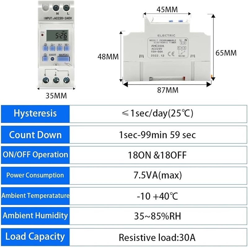 30A Digital Timer Switch Programmable 7 Days 220V AC 1NO Din Rail Relay Control - Image 5