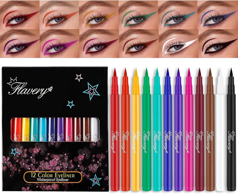 12 Colors Matte Liquid Eyeliner Set Rainbow Colorful Neon Eyeliner Pencil Soft and Hyper Sharp Tip Brush Pigmented Waterproof Smudgeproof Gel Eye Liner Christmas Makeup for Women
