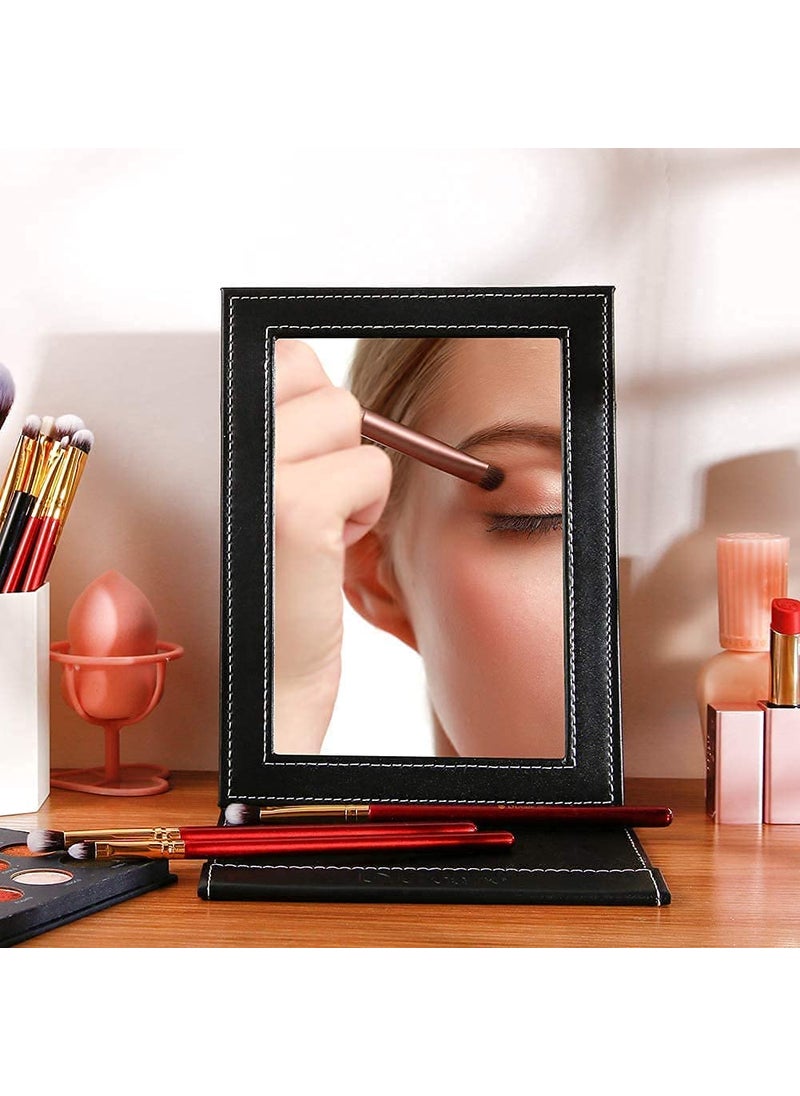 Travelling Vanity Table Desk Simple Design Vanity Makeup Mirror Portable Folding Mirror with Stand Folding Makeup Mirror with PU Leather Rectangular Unframed Tabletop Mount  - Image 2