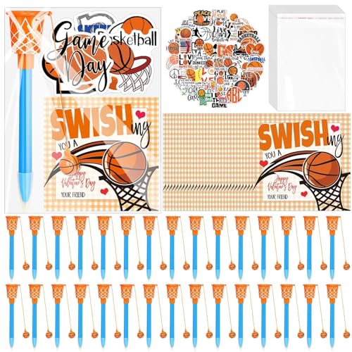 Gosodeny 30 Pack Basketball Party Favor Set with Mini Hoop Pens Stickers Exchange Cards and Gift Bags Bulk Gifts Sports Birthday Goodie Bag Fillers for Adult - Image 1