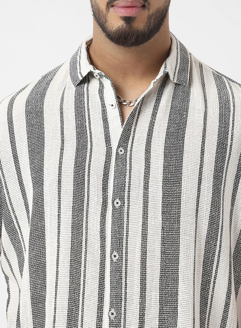 Instafab Plus  Instafab Plus Men's Ash Grey & Daisy White Unbalanced-Stripe Woven Shirt For Casual Wear | Spread Collar | Short Regular Sleeves | Button Closure | Plus-Size Shirt Crafted With Comfort Fit For Everyday Wear for Men | Best Price UAE