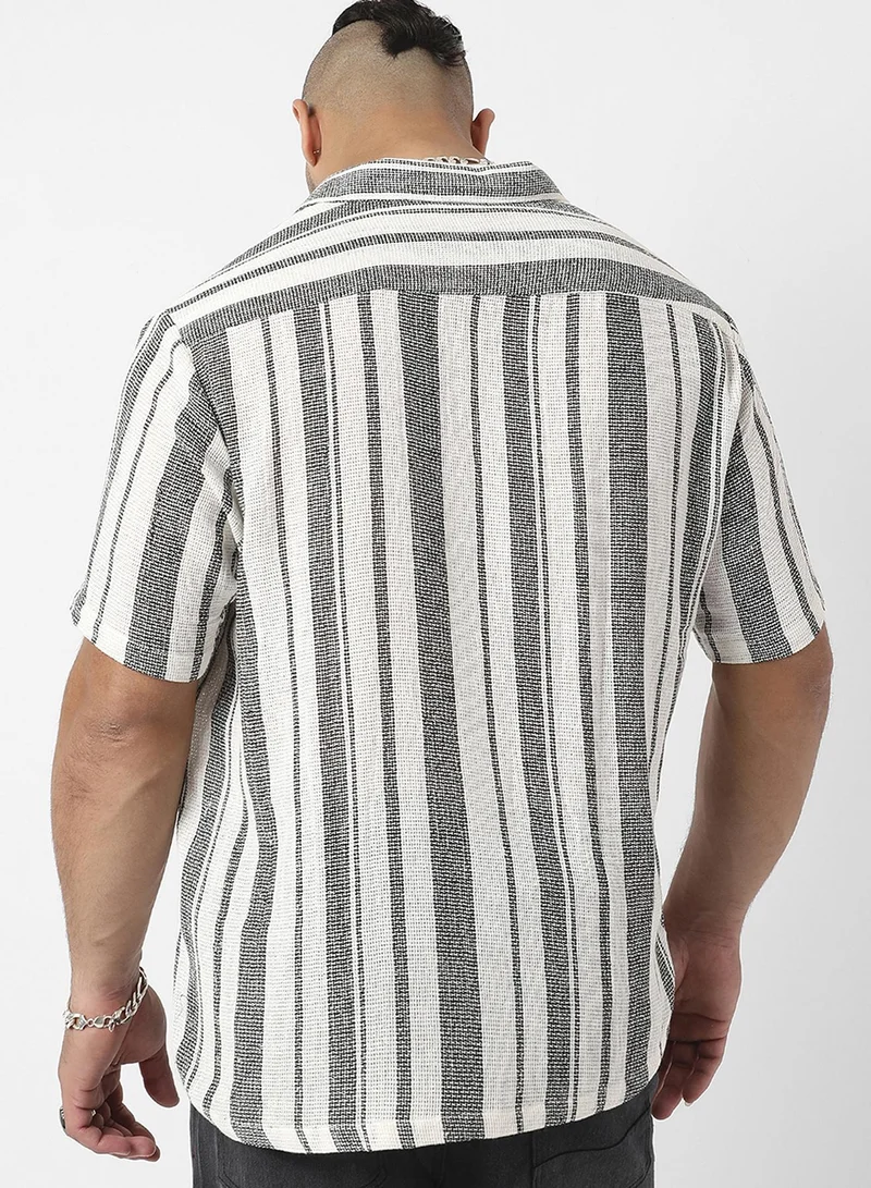 Instafab Plus  Instafab Plus Men's Ash Grey & Daisy White Unbalanced-Stripe Woven Shirt For Casual Wear | Spread Collar | Short Regular Sleeves | Button Closure | Plus-Size Shirt Crafted With Comfort Fit For Everyday Wear for Men | Best Price UAE