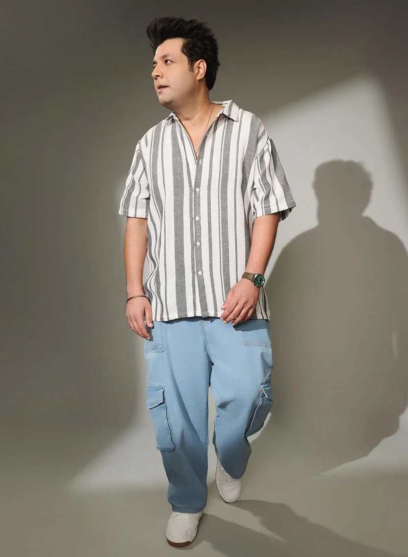 Instafab Plus  Instafab Plus Men's Ash Grey & Daisy White Unbalanced-Stripe Woven Shirt For Casual Wear | Spread Collar | Short Regular Sleeves | Button Closure | Plus-Size Shirt Crafted With Comfort Fit For Everyday Wear for Men | Best Price UAE
