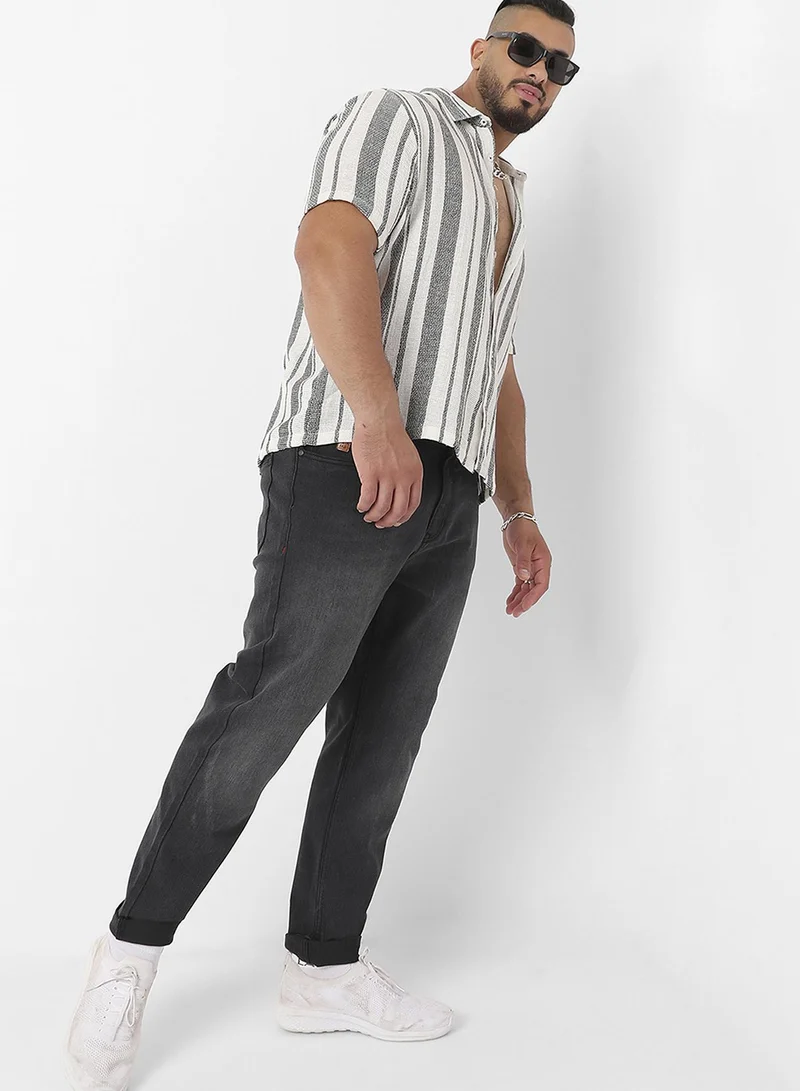Instafab Plus  Instafab Plus Men's Ash Grey & Daisy White Unbalanced-Stripe Woven Shirt For Casual Wear | Spread Collar | Short Regular Sleeves | Button Closure | Plus-Size Shirt Crafted With Comfort Fit For Everyday Wear for Men | Best Price UAE