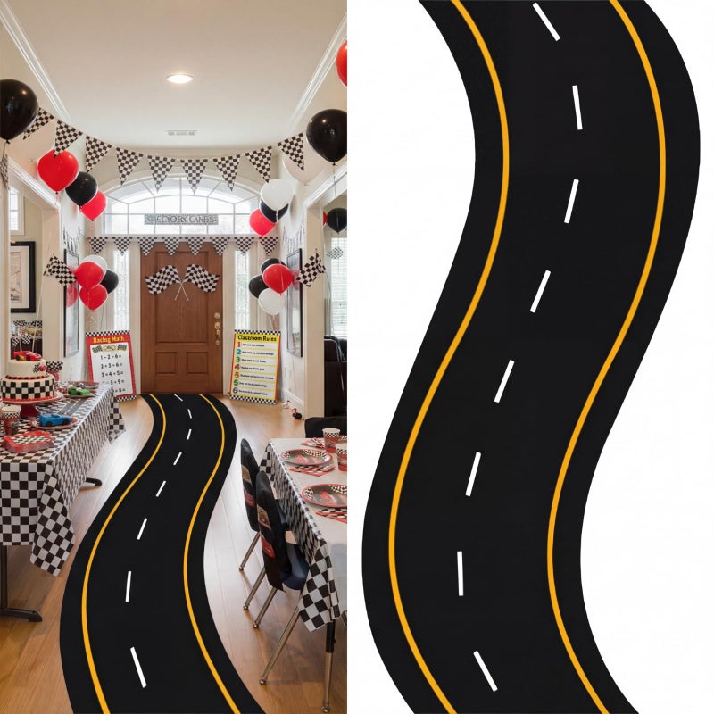 Tinideya Racing Car Party Decorations 3x9.8 Ft/Racetrack Floor Runner Polyester Race Cars Road Mat Floor Racing Running Mat Polyester Aisle Runner Carpet for Two Fast Birthday (Yellow Lines) - Image 1
