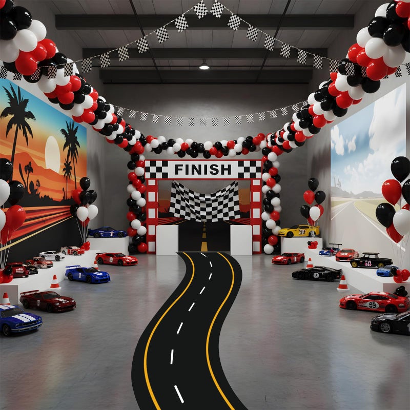 Tinideya Racing Car Party Decorations 3x9.8 Ft/Racetrack Floor Runner Polyester Race Cars Road Mat Floor Racing Running Mat Polyester Aisle Runner Carpet for Two Fast Birthday (Yellow Lines) - Image 5