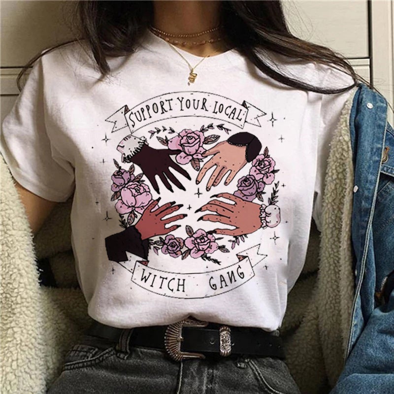wish fun horror printed pattern round neck short sleeve t-shirt women's top - Image 1