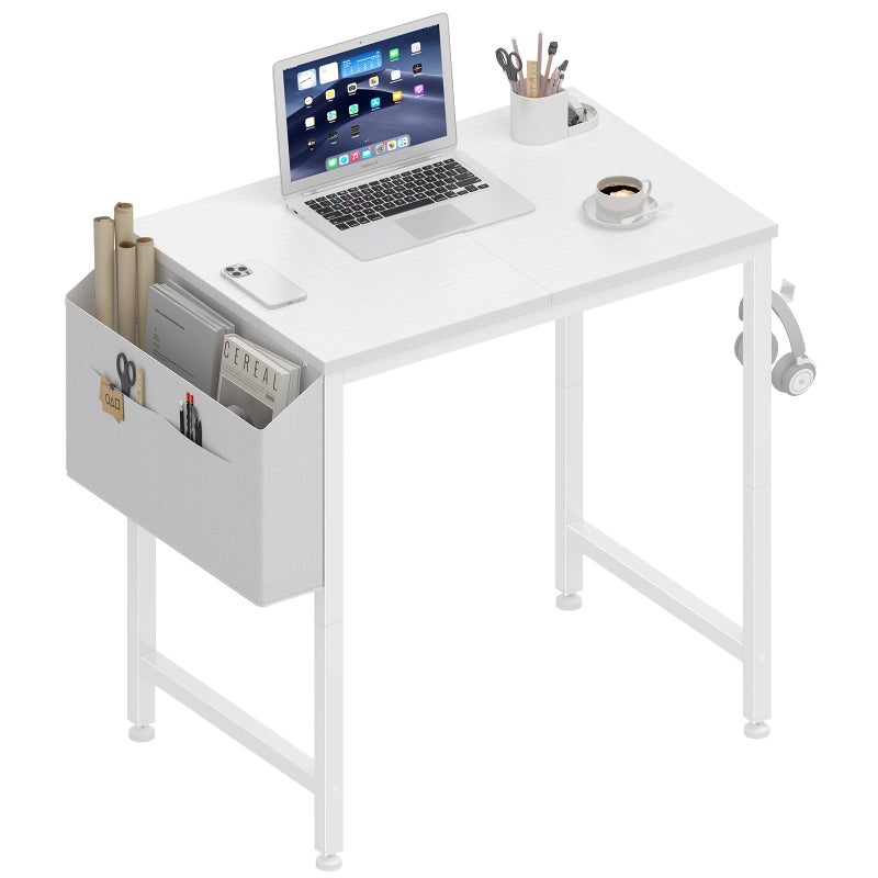 Lufeiya Small White Desk for Small Spaces, 24 Inch Kids Girls Study Writing Mini Desks for Bedroom, Simple Modern Laptop PC Little Side Table with Storage Bag Headphone Hook, White - Image 1
