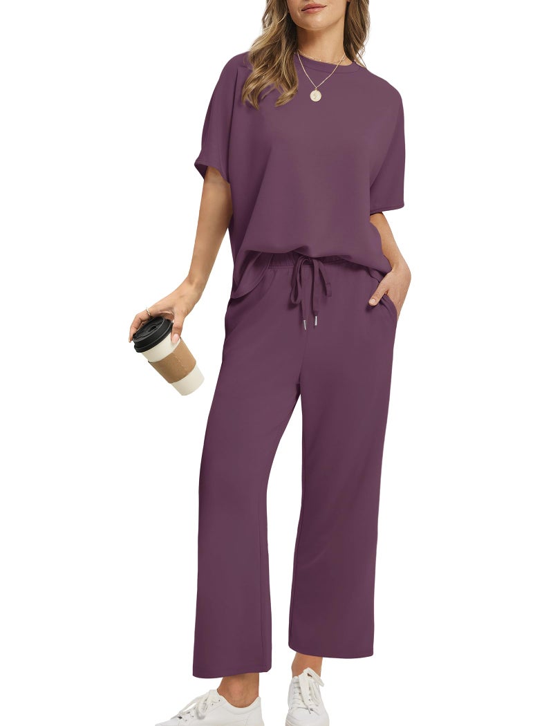 Sampeel Two Piece Sets for Women Lounge Comfy Airport Outfits Vacation Clothes Matching Sets Summer Fashion Clothing Travel School Teachers Purple L - Image 1