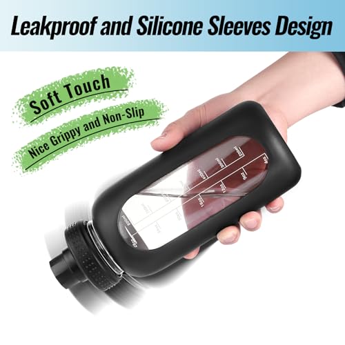 EALGRO 64 oz Glass Water Bottle With Straw and Handle, Half Gallon Sports Motivational Water Jug Flask with Silicone Sleeve, Large Water Cup with Time Marker for Travel, Gym, Black - Image 4