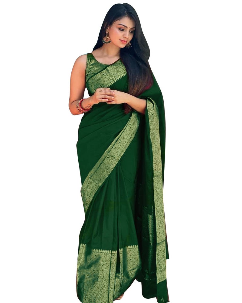 Avantika Fashion Women And Girls Banarasi Silk Saree With Blouse Piece (Kovai Pattu_Green) - Image 1