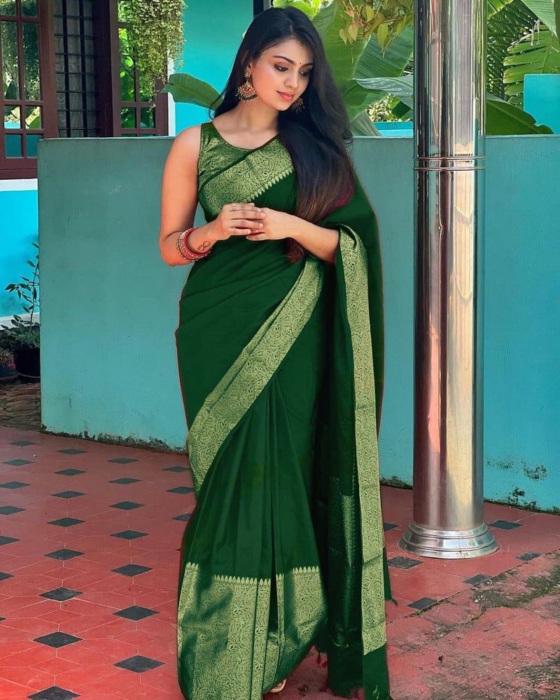 Avantika Fashion Women And Girls Banarasi Silk Saree With Blouse Piece (Kovai Pattu_Green) - Image 3