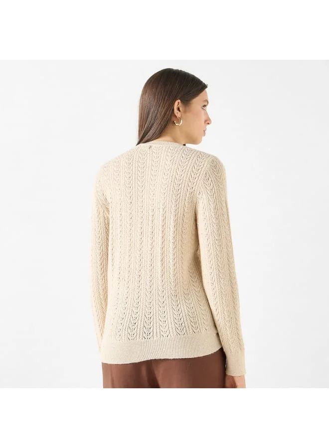 Iconic Iconic Textured Sweater with Round Neck and Long Sleeves