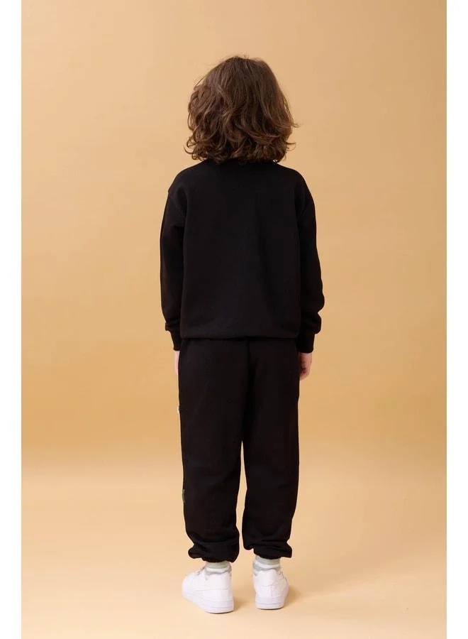 Perendi Boy's Bike Collar Embroidered Seasonal Two-Piece Outfit - Black.