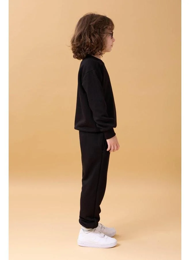 Perendi Boy's Bike Collar Embroidered Seasonal Two-Piece Outfit - Black.