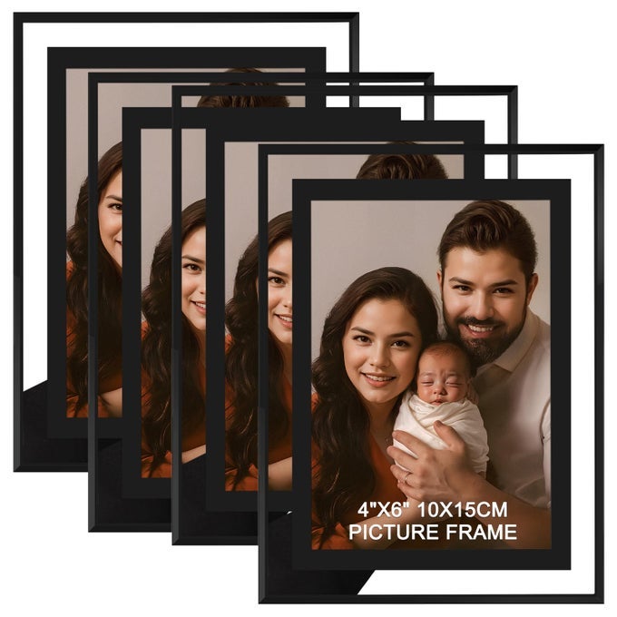 4X6 PICTURE FRAMES SET OF 4 BLACK GLASS PHOTO FRAMEFOR WALL MOUNT OR TABLETOP STANDING GIFT PICTURE FRAME HORIZONTALLY OR VERTICALLY 4X6 BLACK