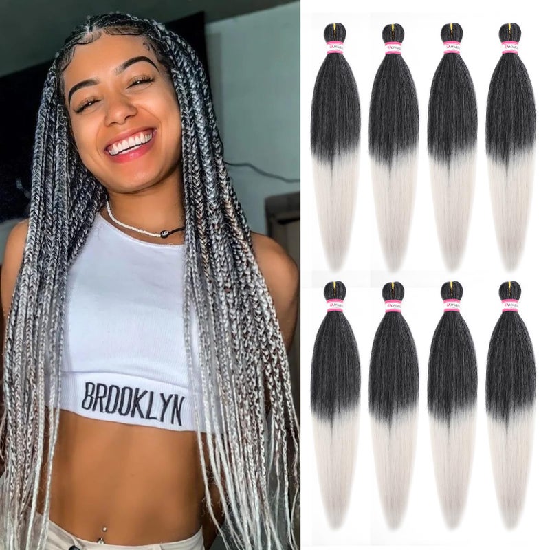 Dorsanee Ombre Grey Braiding Hair Pre Stretched 20 Inch 8 Packs Salt and Pepper Braiding Hair Extensions for Crochet Box Braids Twists Locs Hair Itch Free Soft Yaki Texture Hot Water Setting 20inch1BGray