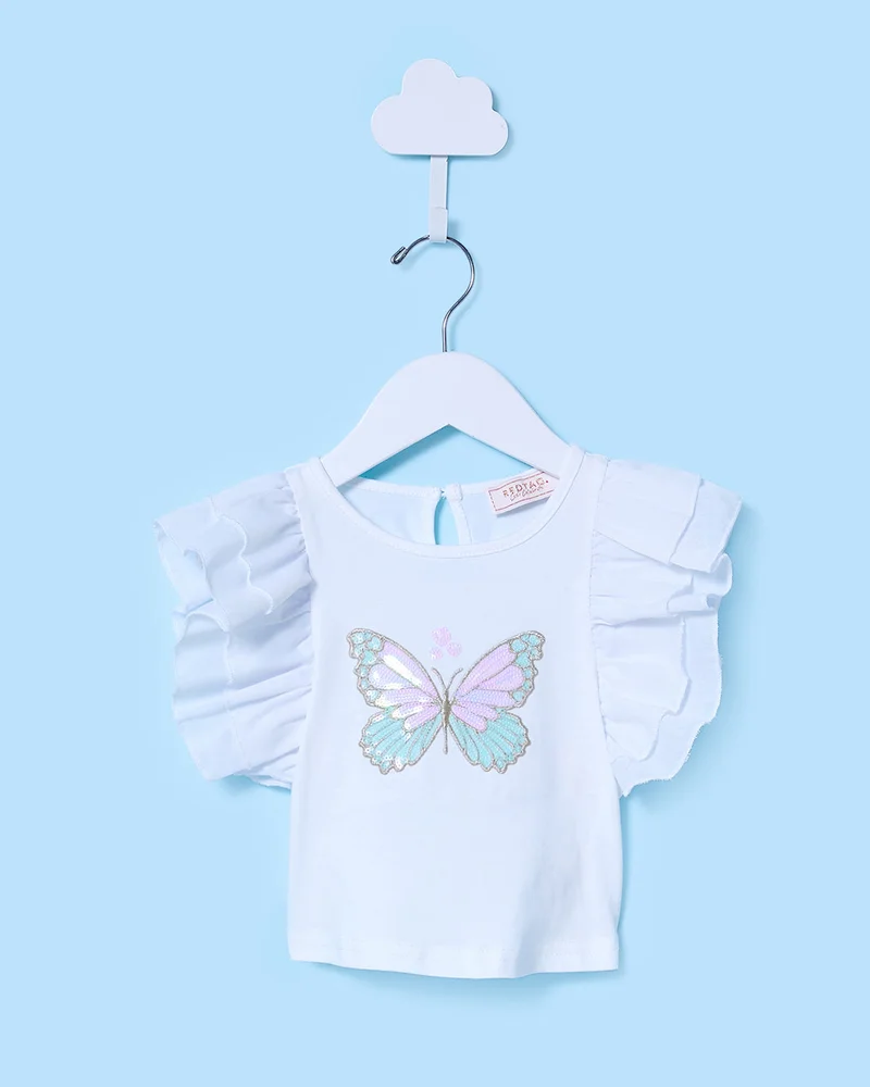 Redtag Infant Girls White Butterfly Sequined Top With Skirt (2 Piece)