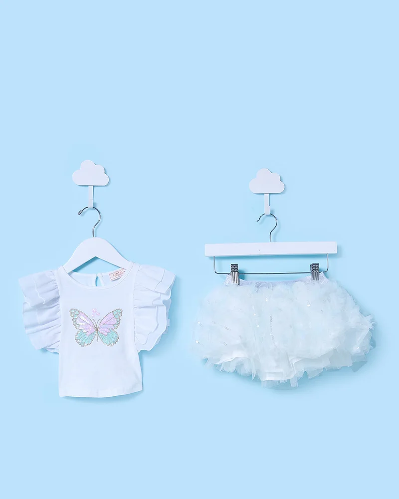 Redtag Infant Girls White Butterfly Sequined Top With Skirt (2 Piece)
